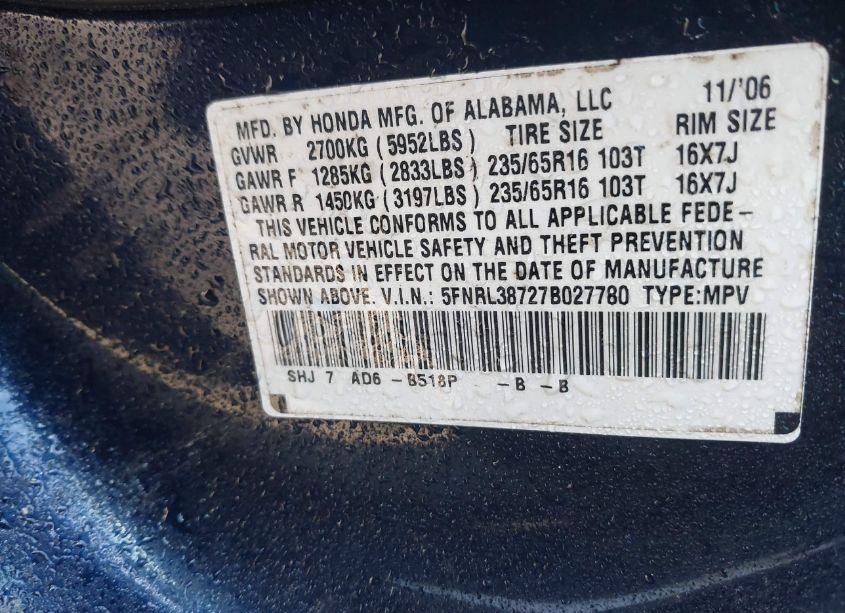 Photo 9 of 2007 Honda Odyssey EX-L (VIN 5FNRL38727B027780)