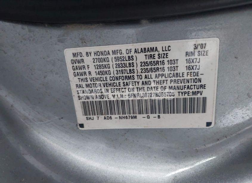 Photo 9 of 2007 Honda Odyssey EX-L (VIN 5FNRL38727B065705)