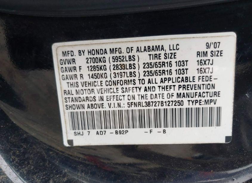 Photo 9 of 2007 Honda Odyssey EX-L (VIN 5FNRL38727B127250)