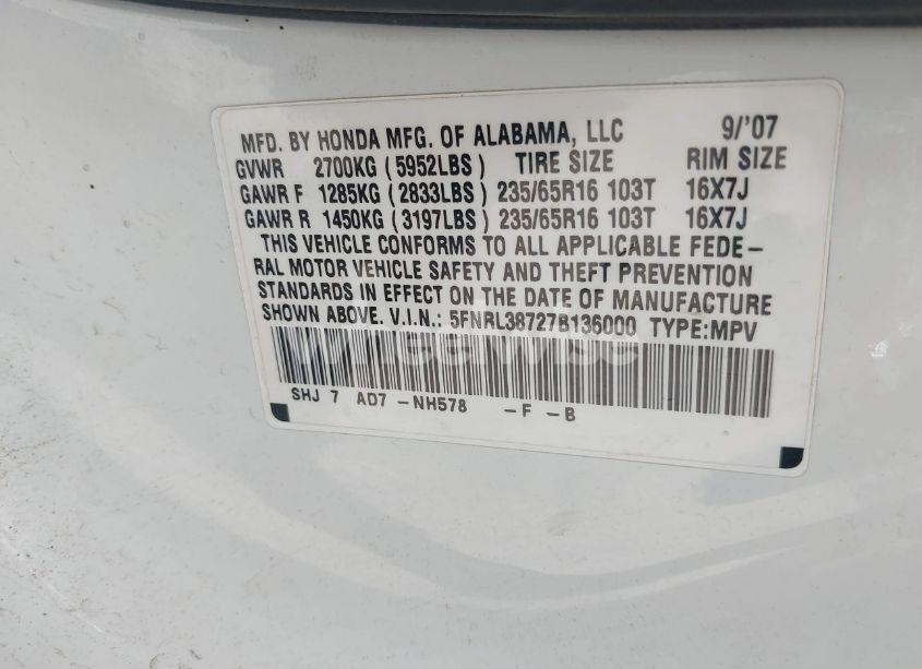 Photo 9 of 2007 Honda Odyssey EX-L (VIN 5FNRL38727B136000)