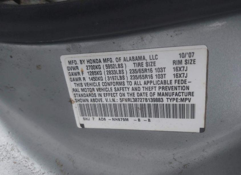 Photo 9 of 2007 Honda Odyssey EX-L (VIN 5FNRL38727B139883)