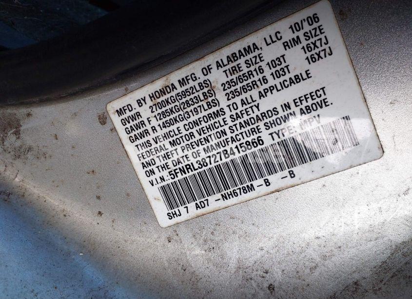 Photo 9 of 2007 Honda Odyssey EX-L (VIN 5FNRL38727B415866)