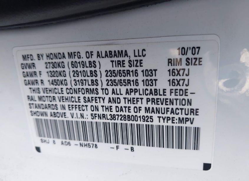 Photo 9 of 2008 Honda Odyssey EX-L (VIN 5FNRL38728B001925)