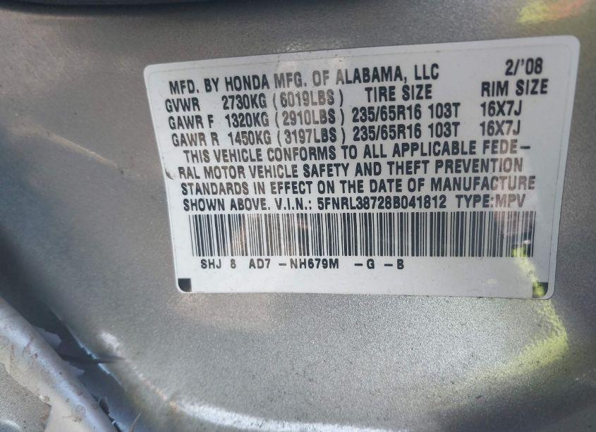 Photo 9 of 2008 Honda Odyssey EX-L (VIN 5FNRL38728B041812)