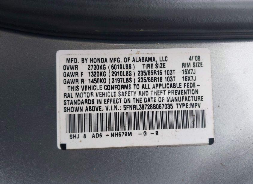 Photo 9 of 2008 Honda Odyssey EX-L (VIN 5FNRL38728B067035)