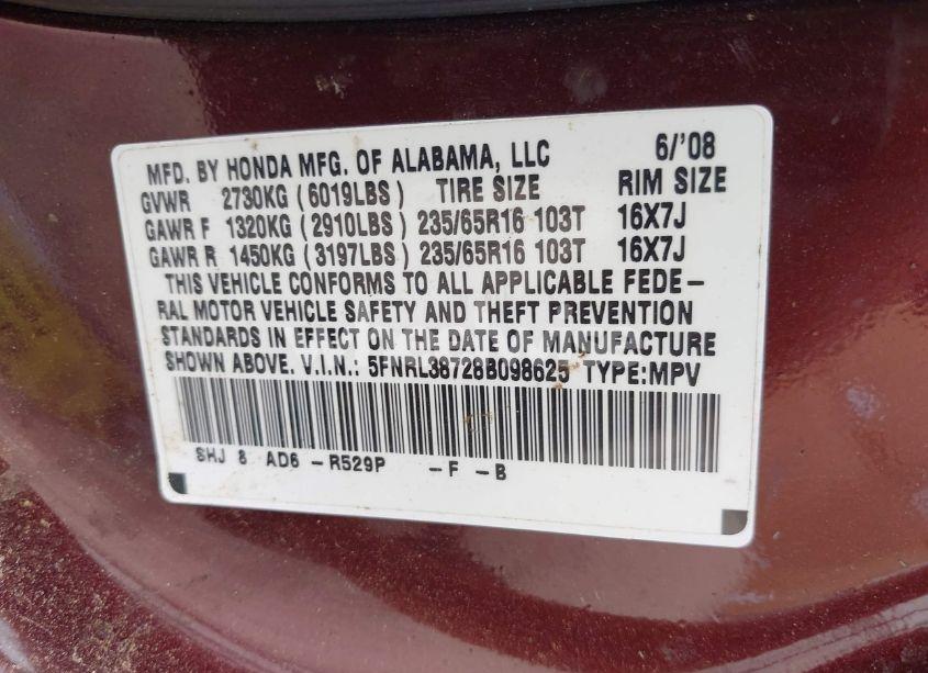 Photo 9 of 2008 Honda Odyssey EX-L (VIN 5FNRL38728B098625)