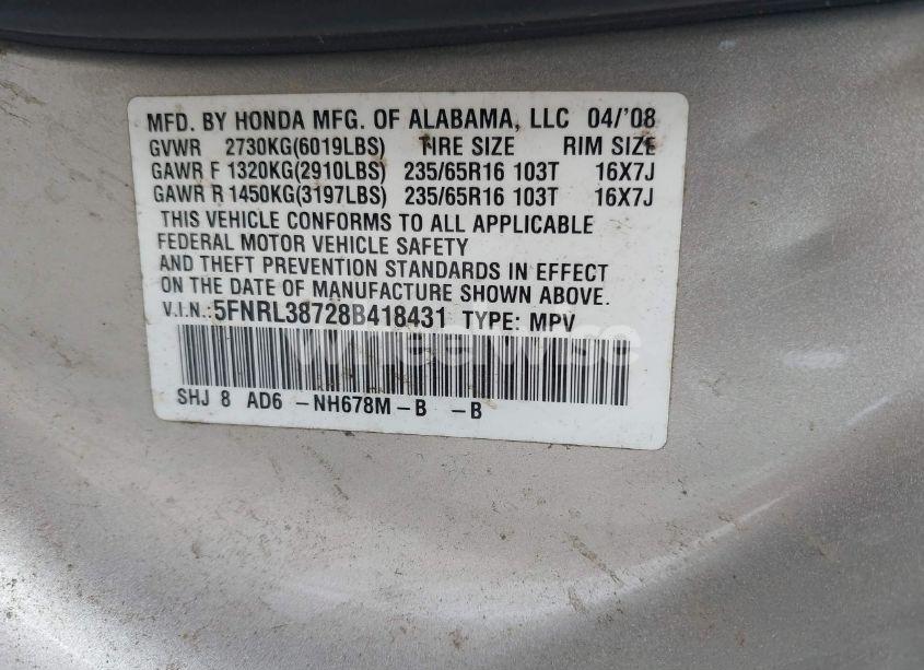 Photo 9 of 2008 Honda Odyssey EX-L (VIN 5FNRL38728B418431)
