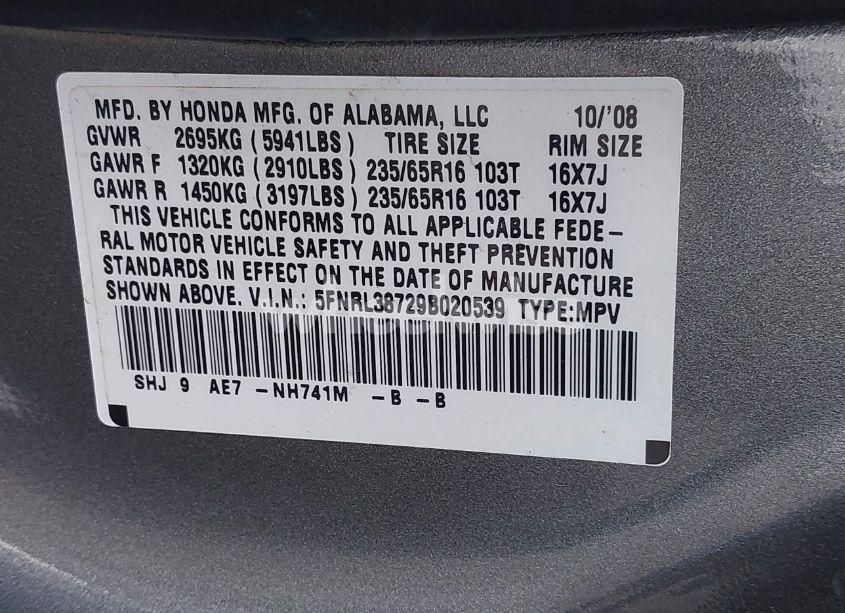 Photo 9 of 2009 Honda Odyssey EX-L (VIN 5FNRL38729B020539)