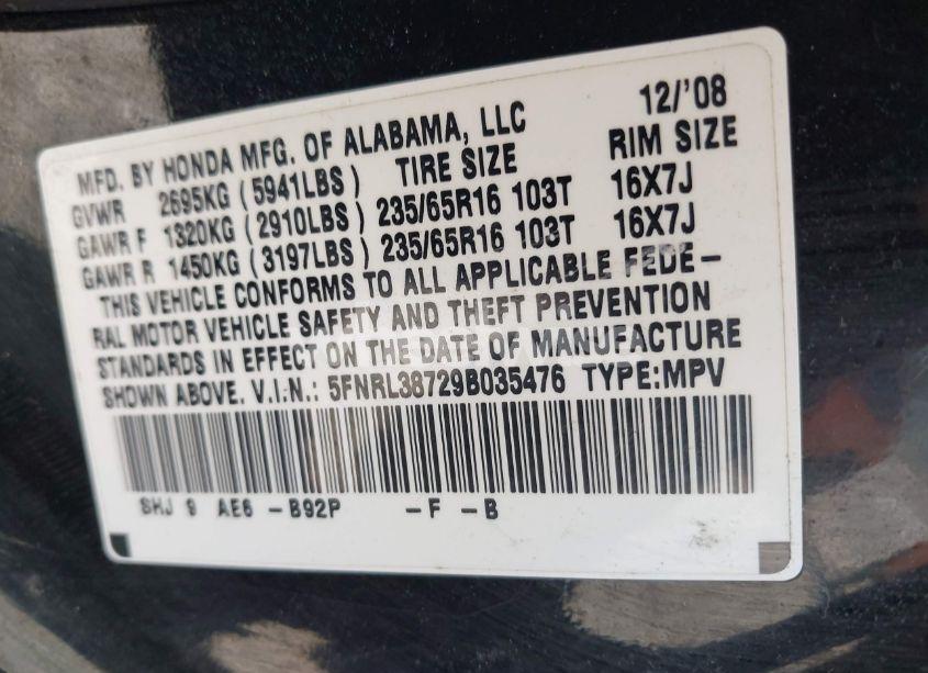 Photo 9 of 2009 Honda Odyssey EX-L (VIN 5FNRL38729B035476)