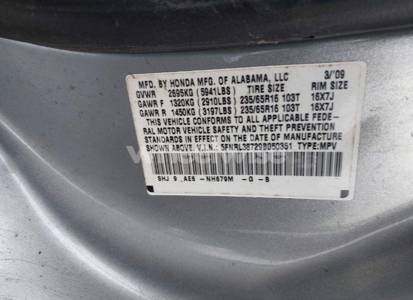 Photo 9 of 2009 Honda Odyssey EX-L (VIN 5FNRL38729B050351)