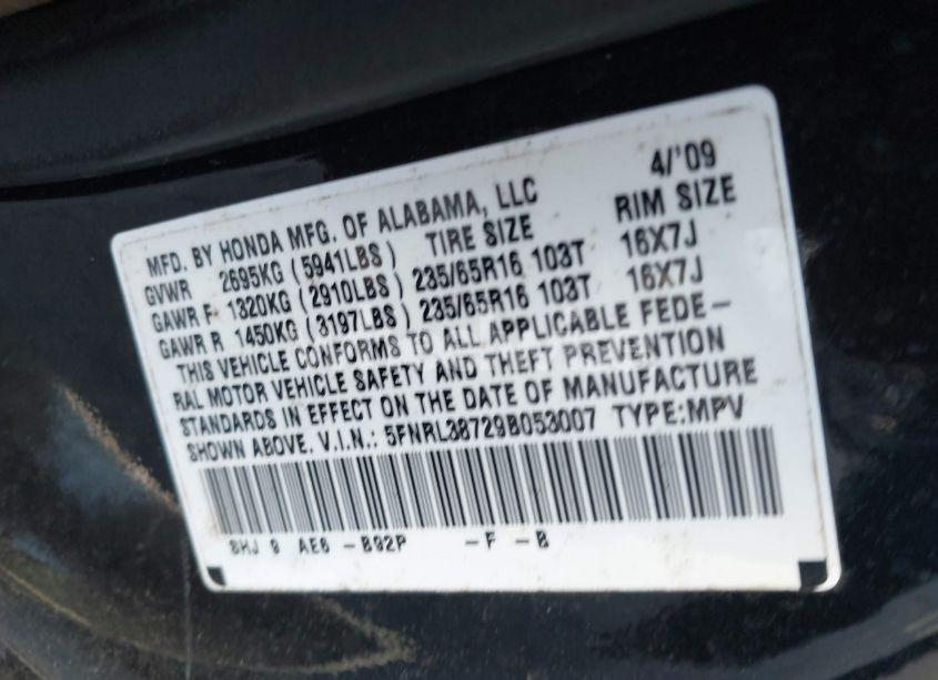 Photo 9 of 2009 Honda Odyssey EX-L (VIN 5FNRL38729B053007)