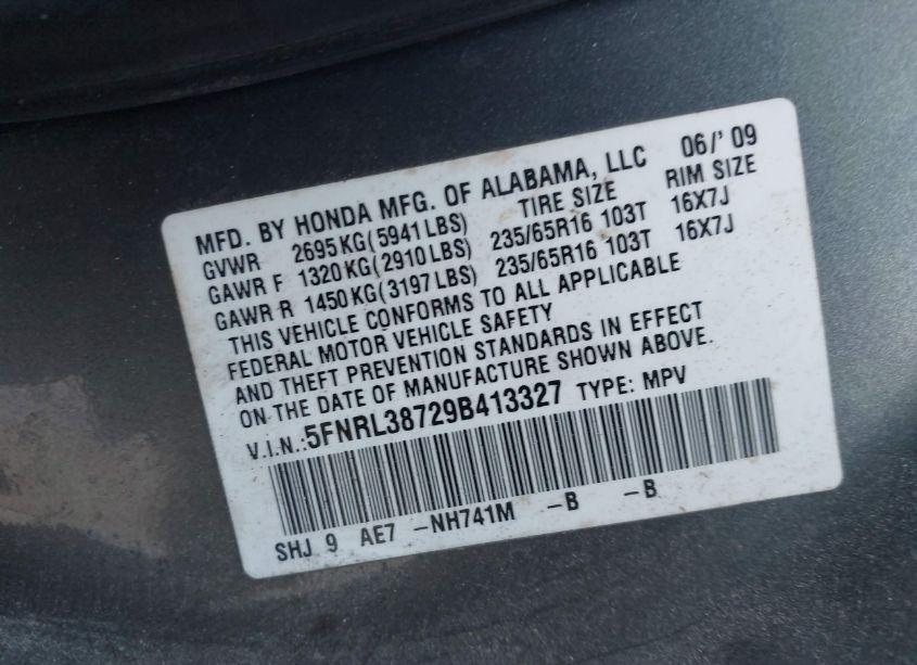 Photo 9 of 2009 Honda Odyssey EX-L (VIN 5FNRL38729B413327)