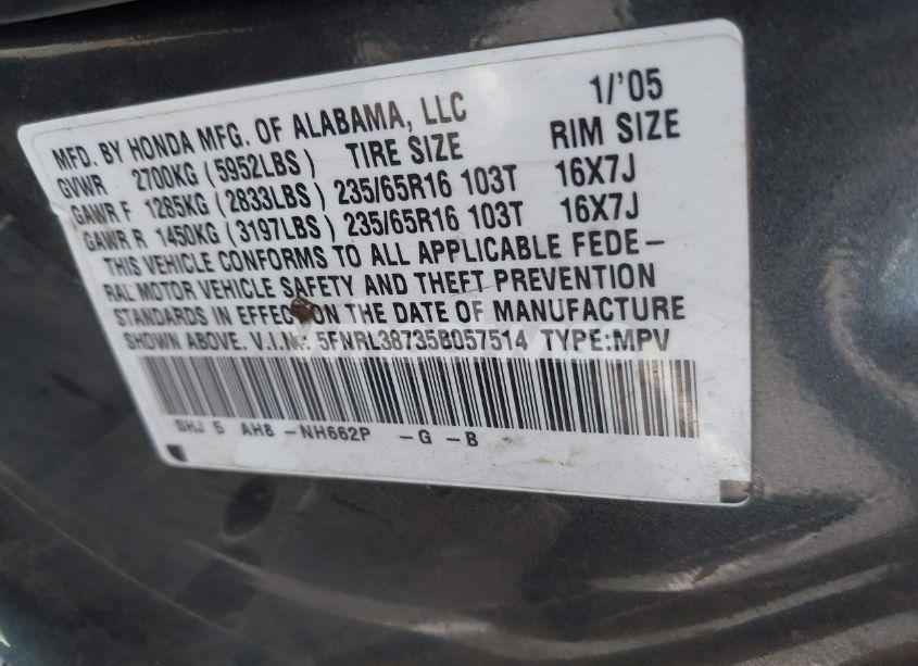 Photo 9 of 2005 Honda Odyssey EX-L (VIN 5FNRL38735B057514)