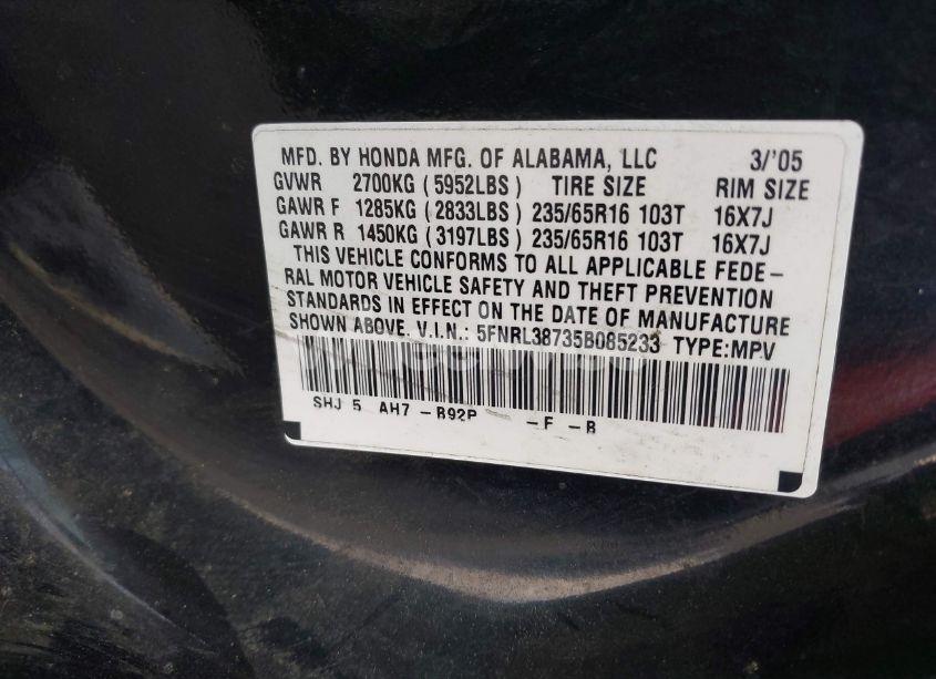 Photo 9 of 2005 Honda Odyssey EX-L (VIN 5FNRL38735B085233)