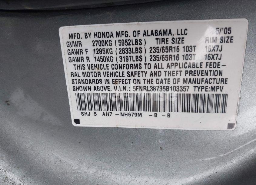 Photo 9 of 2005 Honda Odyssey EX-L (VIN 5FNRL38735B103357)