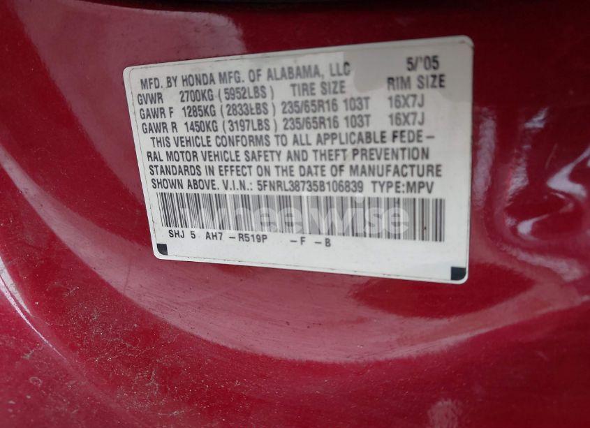 Photo 9 of 2005 Honda Odyssey EX-L (VIN 5FNRL38735B106839)