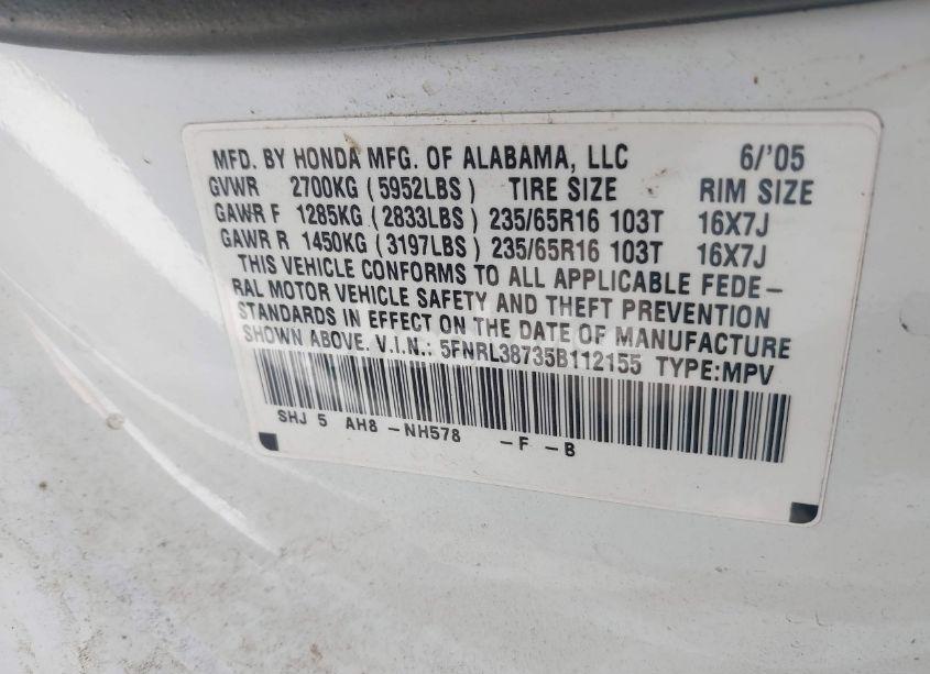 Photo 9 of 2005 Honda Odyssey EX-L (VIN 5FNRL38735B112155)