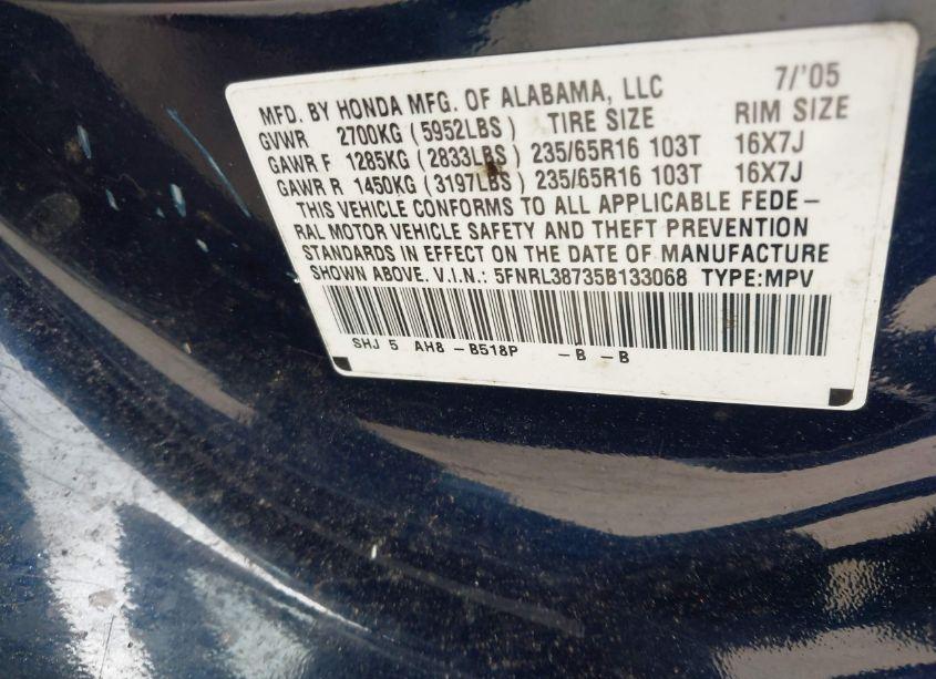 Photo 9 of 2005 Honda Odyssey EX-L (VIN 5FNRL38735B133068)