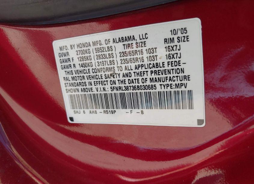 Photo 9 of 2006 Honda Odyssey EX-L (VIN 5FNRL38736B030685)