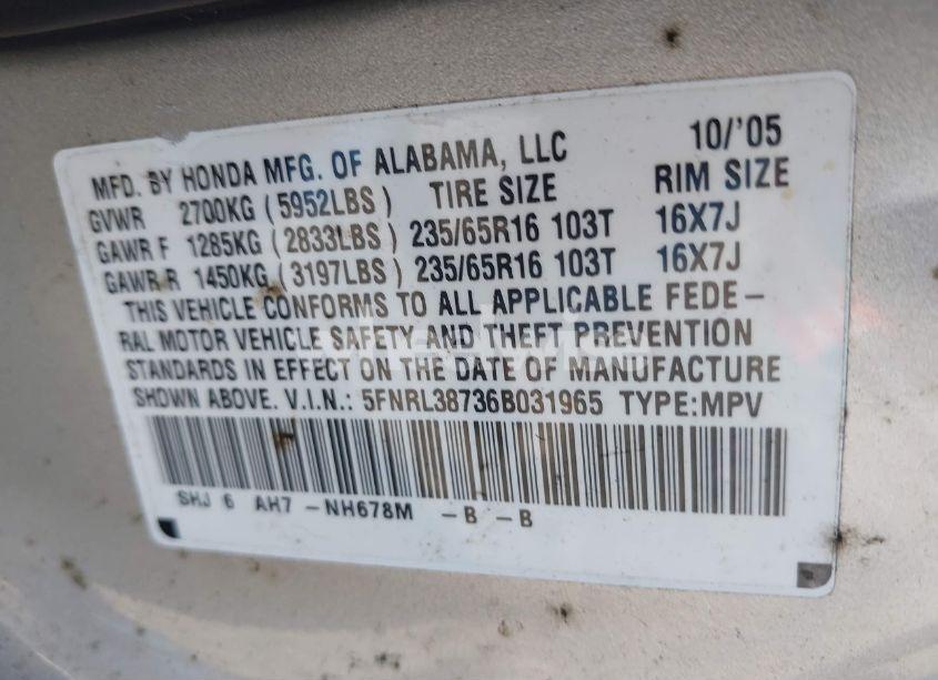 Photo 9 of 2006 Honda Odyssey EX-L (VIN 5FNRL38736B031965)