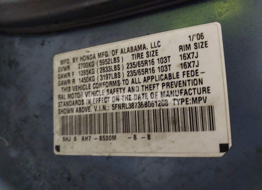 Photo 9 of 2006 Honda Odyssey EX-L (VIN 5FNRL38736B061208)