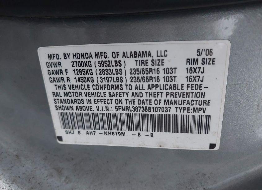 Photo 9 of 2006 Honda Odyssey EX-L (VIN 5FNRL38736B107037)