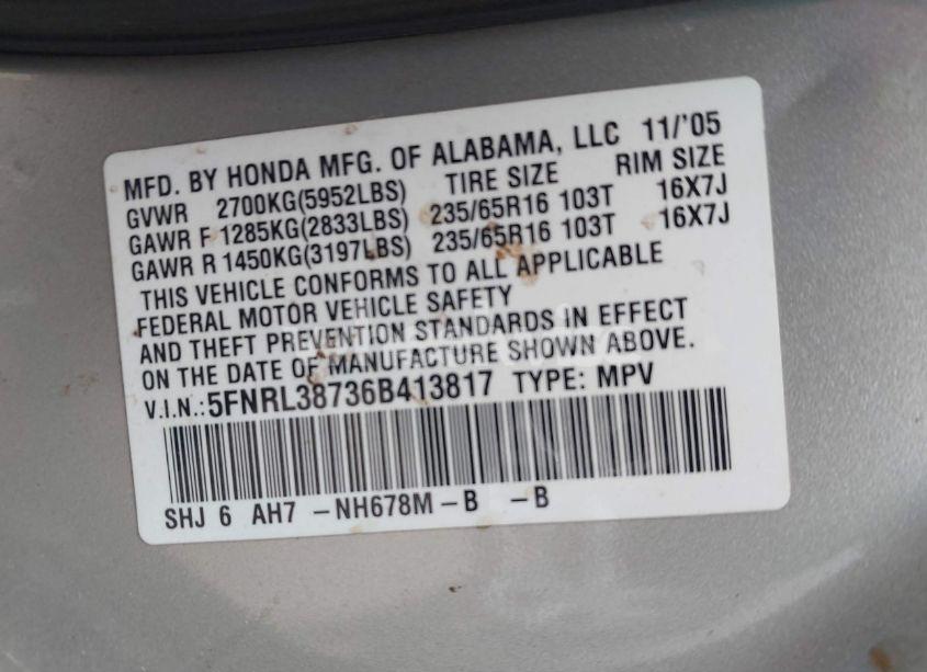 Photo 9 of 2006 Honda Odyssey EX-L (VIN 5FNRL38736B413817)