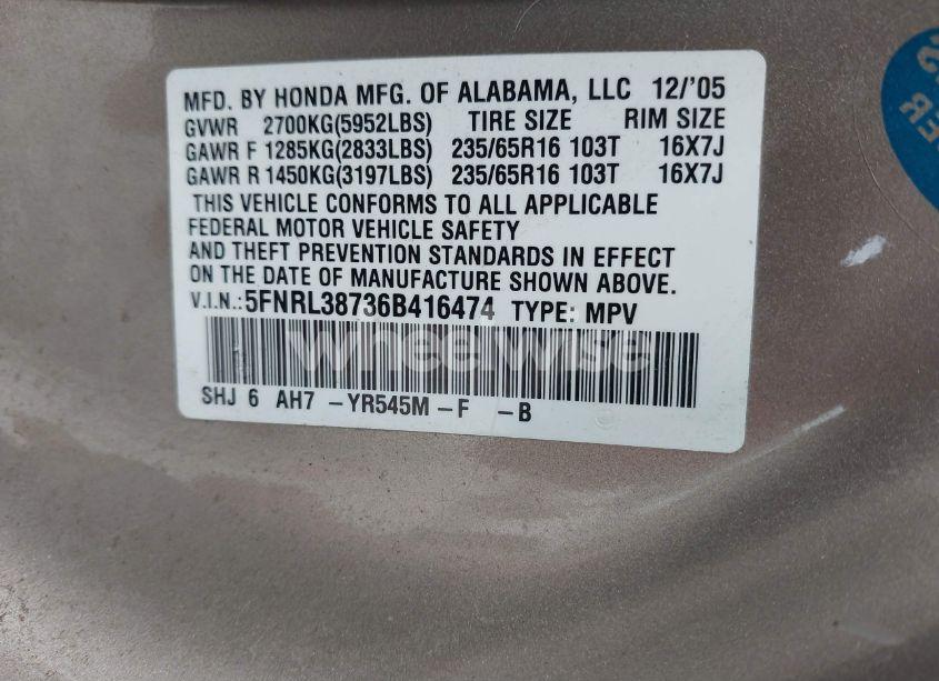 Photo 9 of 2006 Honda Odyssey EX-L (VIN 5FNRL38736B416474)