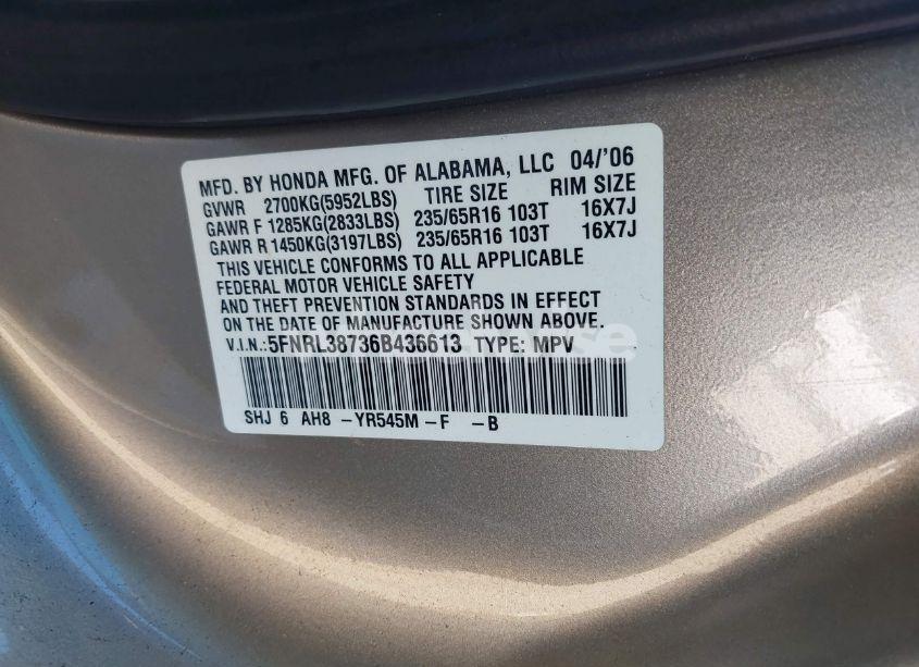 Photo 9 of 2006 Honda Odyssey EX-L (VIN 5FNRL38736B436613)