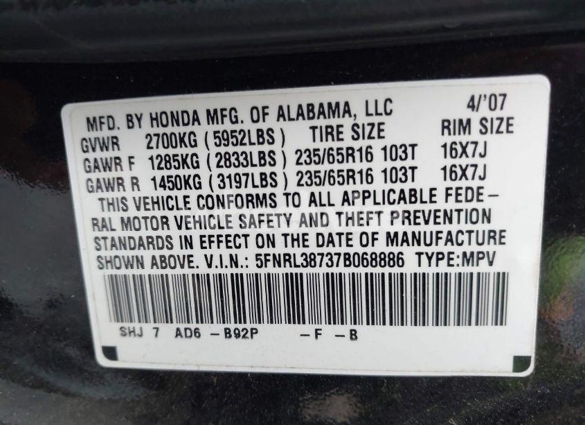 Photo 9 of 2007 Honda Odyssey EX-L (VIN 5FNRL38737B068886)