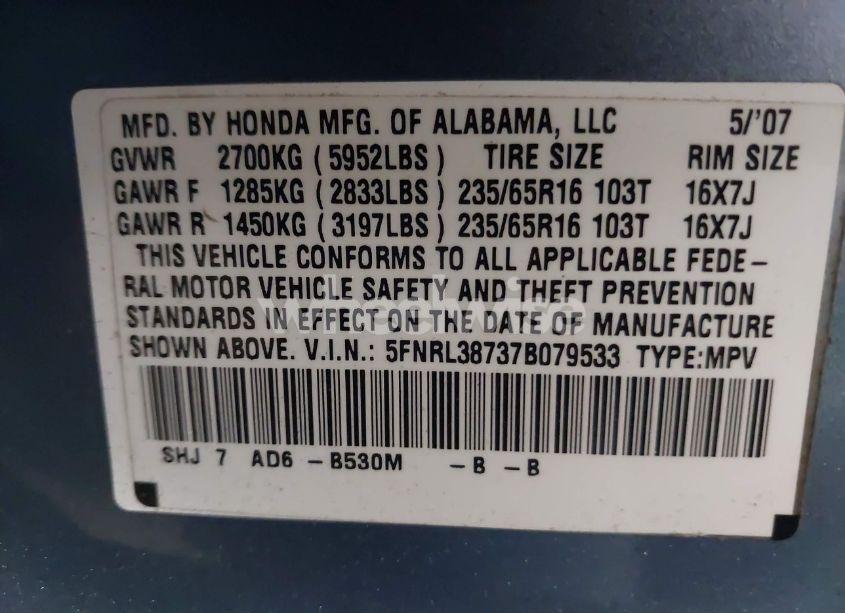 Photo 9 of 2007 Honda Odyssey EX-L (VIN 5FNRL38737B079533)