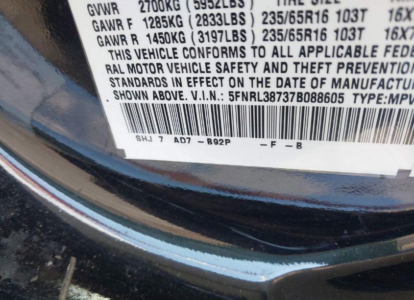 Photo 9 of 2007 Honda Odyssey EX-L (VIN 5FNRL38737B088605)