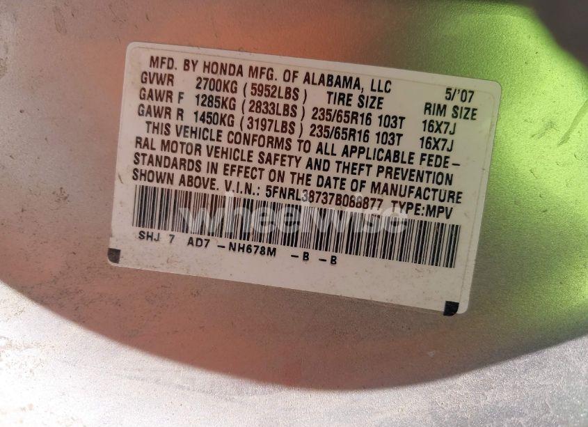 Photo 9 of 2007 Honda Odyssey EX-L (VIN 5FNRL38737B088877)