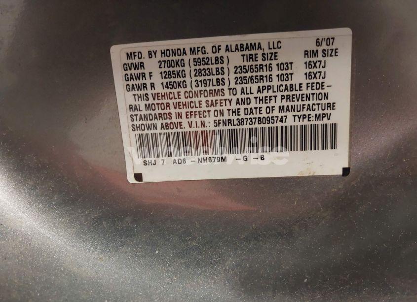 Photo 9 of 2007 Honda Odyssey EX-L (VIN 5FNRL38737B095747)