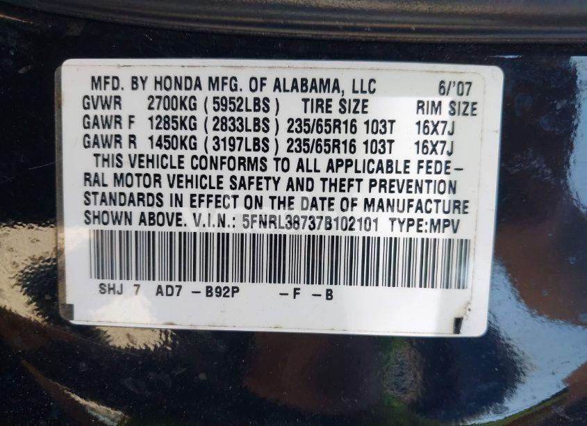 Photo 9 of 2007 Honda Odyssey EX-L (VIN 5FNRL38737B102101)