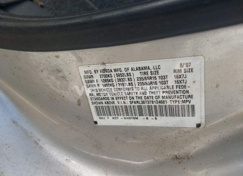 Photo 9 of 2007 Honda Odyssey EX-L (VIN 5FNRL38737B124681)