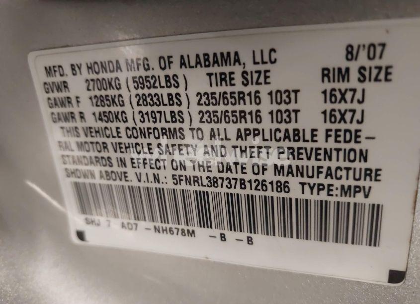 Photo 9 of 2007 Honda Odyssey EX-L (VIN 5FNRL38737B126186)