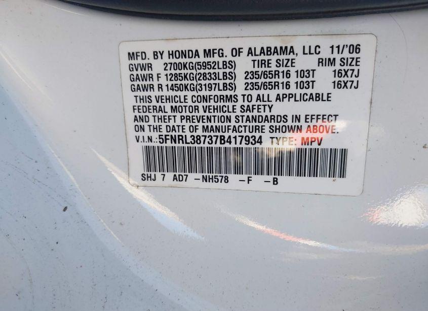 Photo 9 of 2007 Honda Odyssey EX-L (VIN 5FNRL38737B417934)