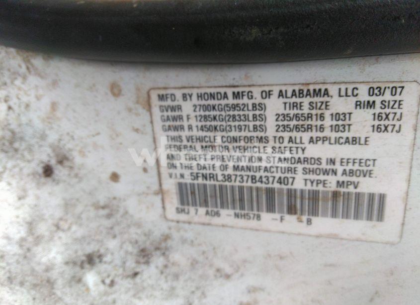 Photo 9 of 2007 Honda Odyssey EX-L (VIN 5FNRL38737B437407)