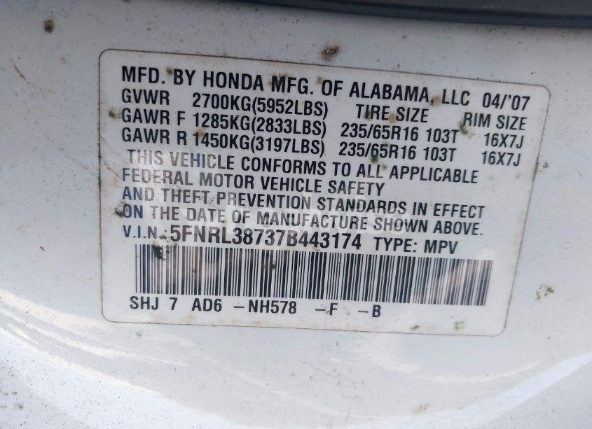 Photo 9 of 2007 Honda Odyssey EX-L (VIN 5FNRL38737B443174)