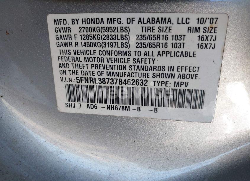 Photo 9 of 2007 Honda Odyssey EX-L (VIN 5FNRL38737B462632)