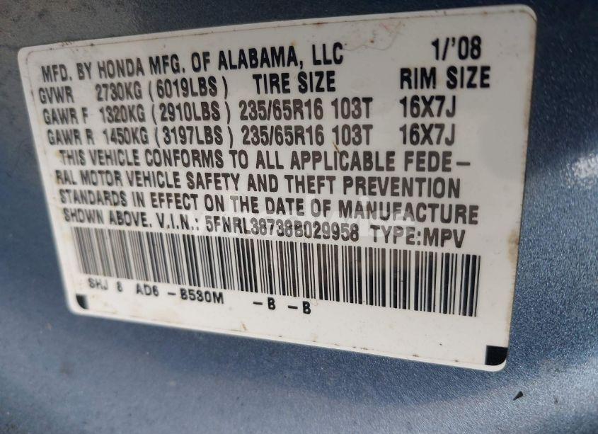 Photo 9 of 2008 Honda Odyssey EX-L (VIN 5FNRL38738B029958)