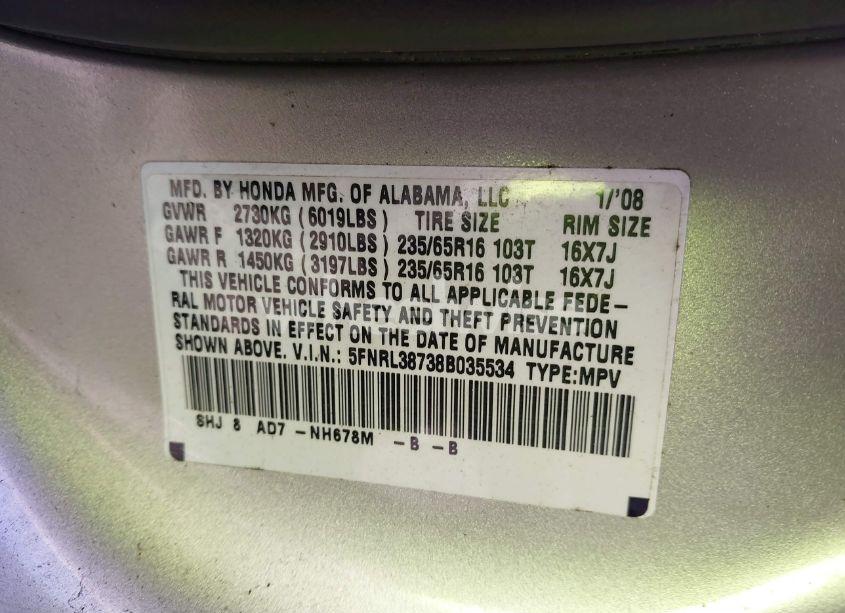 Photo 9 of 2008 Honda Odyssey EX-L (VIN 5FNRL38738B035534)