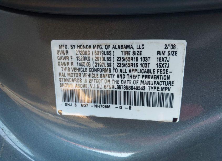 Photo 9 of 2008 Honda Odyssey EX-L (VIN 5FNRL38738B048543)