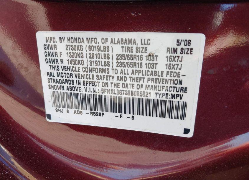 Photo 9 of 2008 Honda Odyssey EX-L (VIN 5FNRL38738B085821)