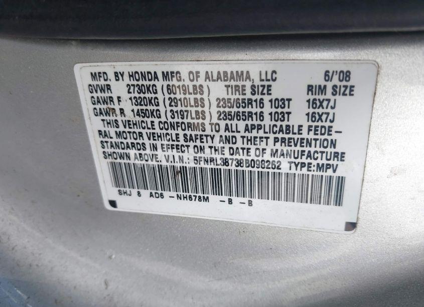 Photo 9 of 2008 Honda Odyssey EX-L (VIN 5FNRL38738B098262)