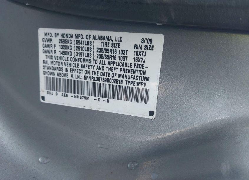 Photo 9 of 2009 Honda Odyssey EX-L (VIN 5FNRL38739B002518)