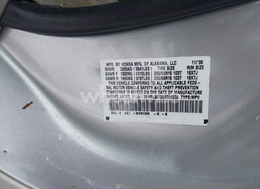 Photo 9 of 2009 Honda Odyssey EX-L (VIN 5FNRL38739B028858)