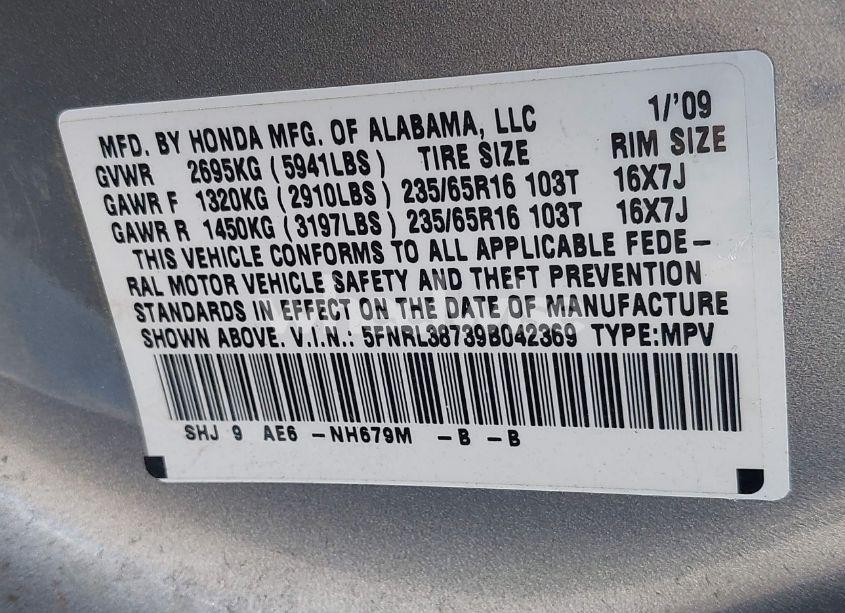 Photo 9 of 2009 Honda Odyssey EX-L (VIN 5FNRL38739B042369)