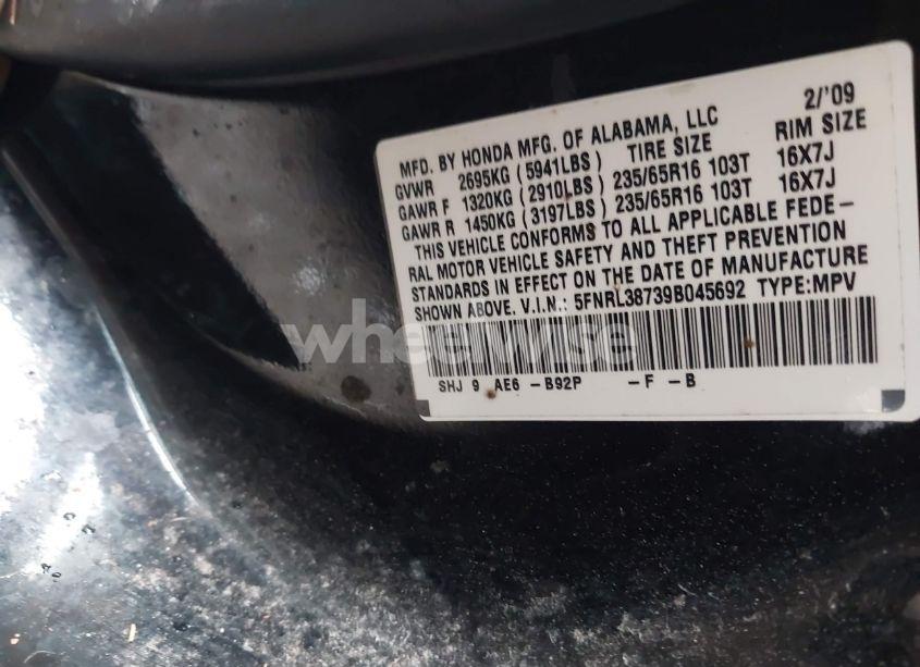 Photo 9 of 2009 Honda Odyssey EX-L (VIN 5FNRL38739B045692)